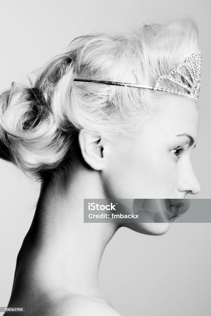 Portrait of Woman Wearing Tiara Crown, Black and White  Black And White Stock Photo