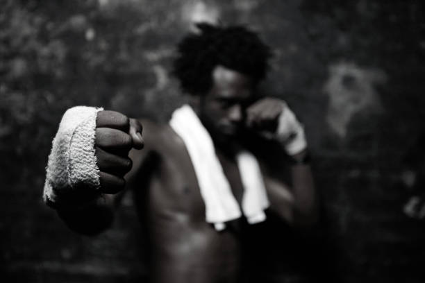 istock Young male street fighter, black and white 108162948