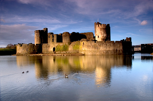 Caerphilly Castle, and reflection in the moat.