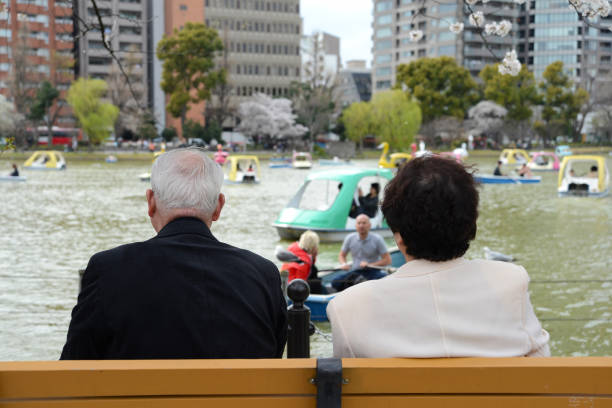 The old couple who watchs the lake sitting Tokyo, Japan - April 2, 2014:The old couple who watchs the lake sitting on the bench in ueno park couple punting stock pictures, royalty-free photos & images