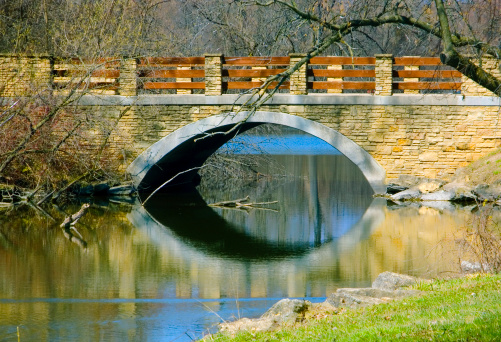 Lovely stonework bridge with water reflecting underneath.