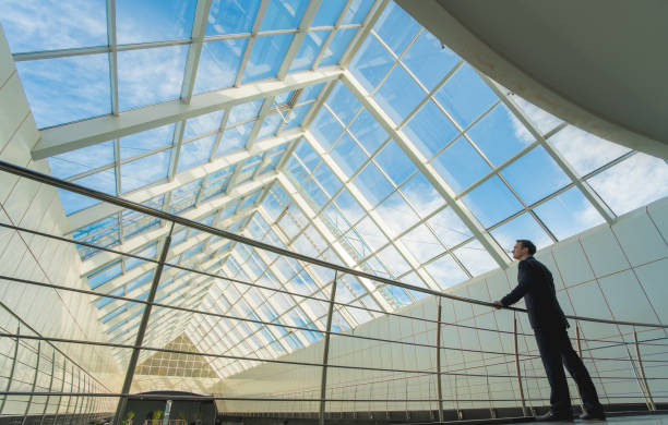 The man stand on the office balcony on the sky background