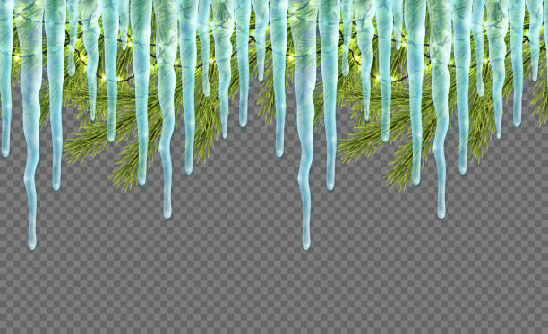 ilustraciones, imágenes clip art, dibujos animados e iconos de stock de frontera sin costuras con firtree realista, luces brillantes, guirnaldas y carámbanos. plantilla de diseño para navidad. vector de - icicle ice backgrounds melting