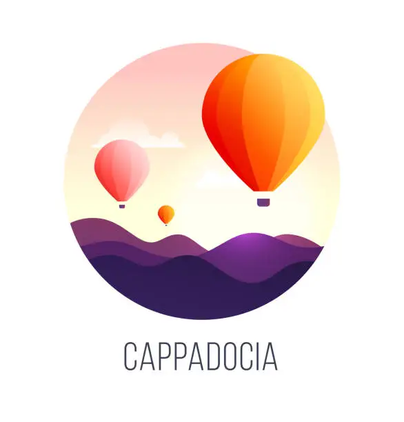 Vector illustration of Cappadocia. Hot Air Balloons in the Sky
