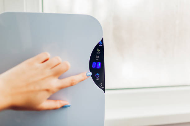 istock Woman turns dehumidifier on using touch panel by wet window. Humidity indicator shows high level of dampness in flat 1081643674
