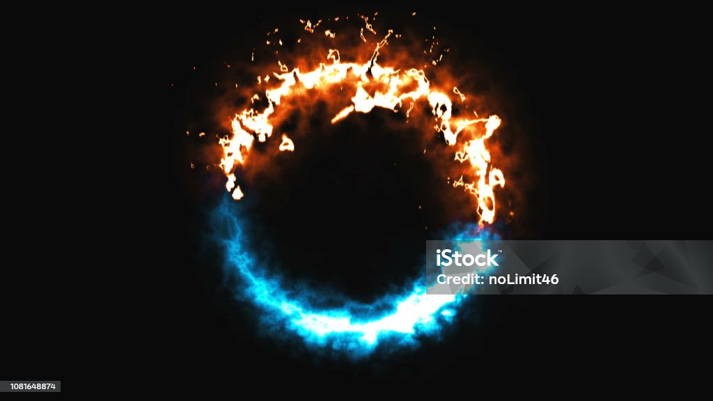 Dymanic lumineux feu et glace sonner dans l’espace, cela se trouve en face du symbole, rendu 3d, fond généré par ordinateur - Photo de Feu libre de droits