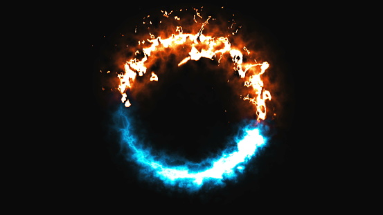 Bright dymanic fire and ice ring in space, this is opposite symbol, 3d rendering, computer generated background
