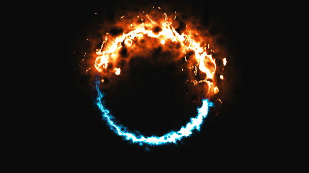 istock Bright dymanic fire and ice ring in space, this is opposite symbol, 3d render, computer generated background 1081648886