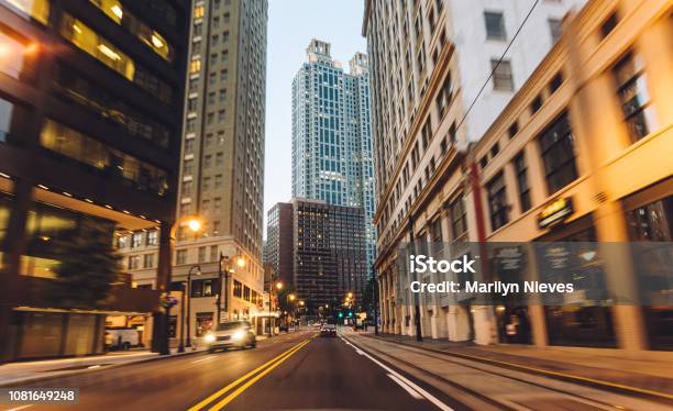 Traveling Through The City At Dusk Stock Photo - Download Image Now - Atlanta - Georgia, Street, Diminishing Perspective