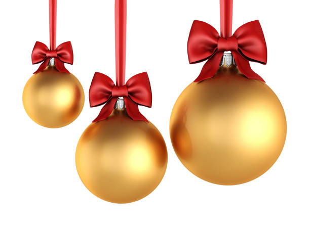 istock 3D rendering golden Christmas balls with red ribbon and bow 1081651388