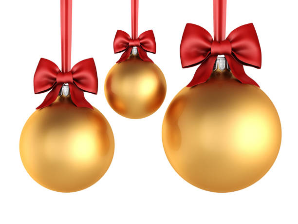 istock 3D rendering golden Christmas balls with red ribbon and bow 1081651526