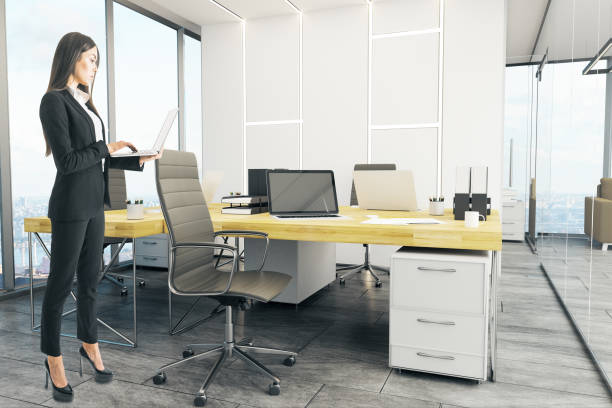 istock Beautiful busineswoman using laptop in office 1081651584