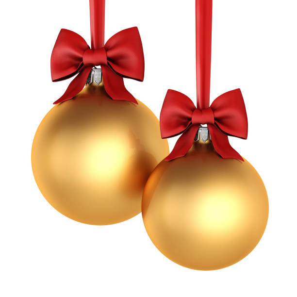 istock 3D rendering golden Christmas balls with red ribbon and bow 1081651612