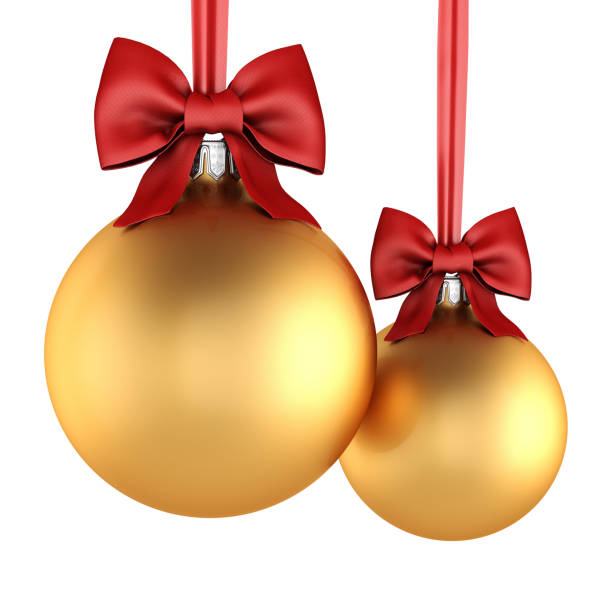 istock 3D rendering golden Christmas balls with red ribbon and bow 1081651684