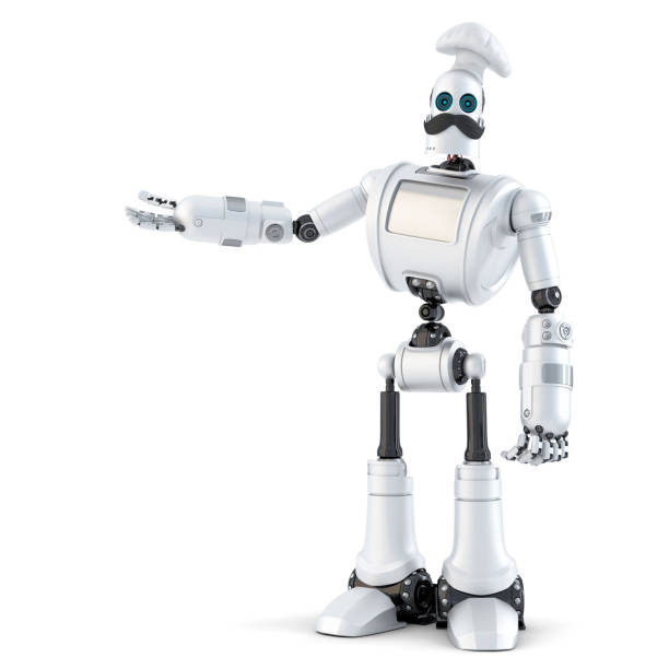 istock Robot Chef showing invisible object. 3D illustration. Isolated. Contains clipping path 1081653318