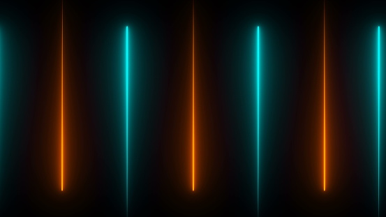 Neon beams in darkness, modern neon technology, 3d rendering computer generated background