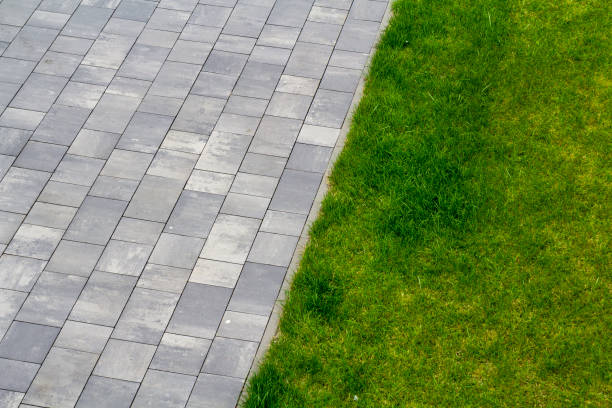 istock Grey tiles and green grass outdoors 1081655936