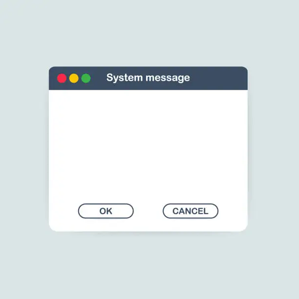 Vector illustration of Old School Operating System Message Template. Classic Computer User Interface Element with OK and Cancel Buttons. Vector illustration.