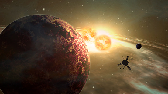 Space probe orbiting and explore distant double star solar system and exoplanets. Realistic deep cosmos satellite travel light-years from earth 3D illustration.