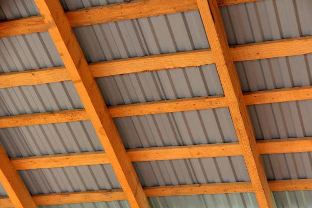 istock Wooden frame of new roof from inside. Construction framework. 1081664766