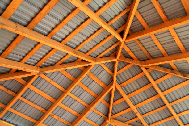 istock Wooden frame of new roof from inside. Construction framework. 1081664784
