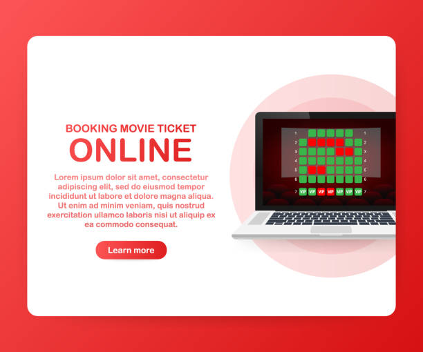 istock Online movie ticket booking concept by laptop app on red background. Vector illustration. 1081667230