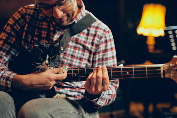 istock Caucasian musician with hat on head playing with cat. 1081668684