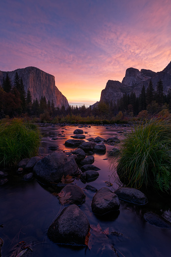 Colorful sunrise at Valley View on the Merced River, Yosemite National Park, California
