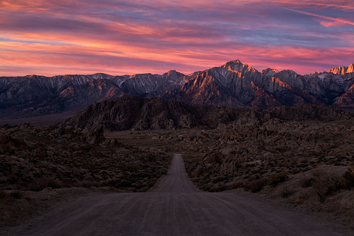 Sunrise from the iconic road in the Alabama Hills, Lone Pine, California