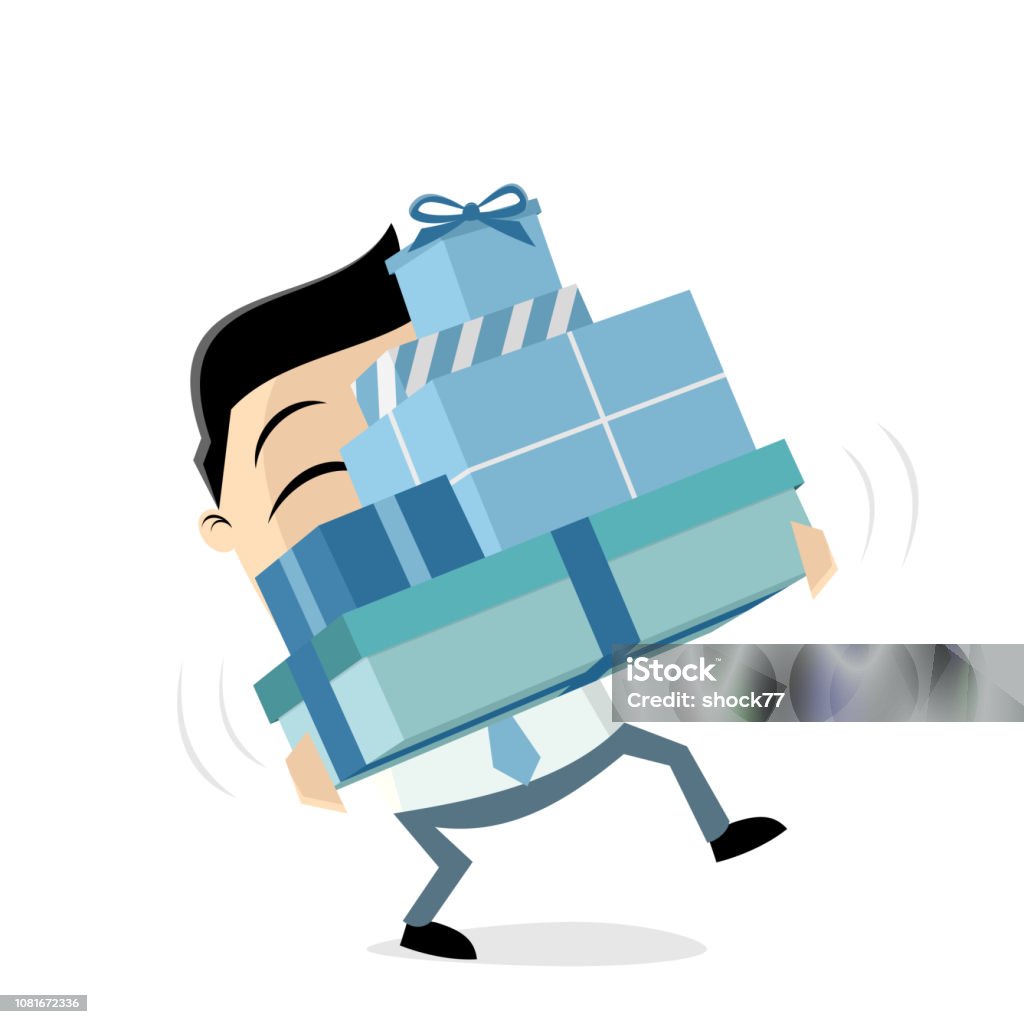 funny cartoon man is carrying gift boxes Adult stock vector