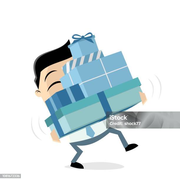 Funny Cartoon Man Is Carrying Gift Boxes Stock Illustration - Download Image Now - Adult, Balance, Behind