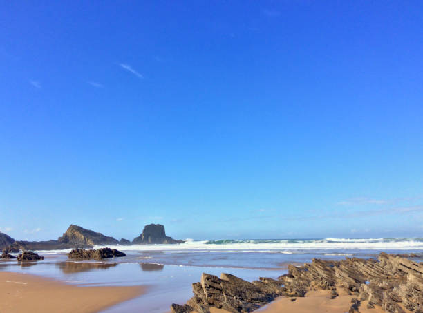 istock rocks on the ocean, seascape, beautiful sandy beach, clear blue sky 1081672664