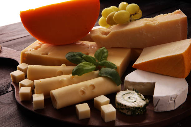 istock Cheese plate served with grapes, various cheese on a platter 1081674374