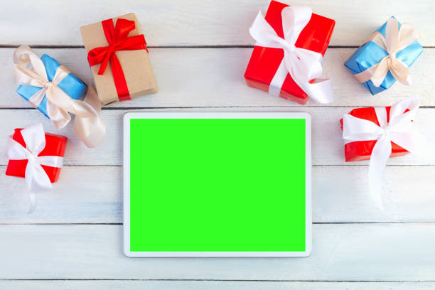 tablet with green screen top view stock photo