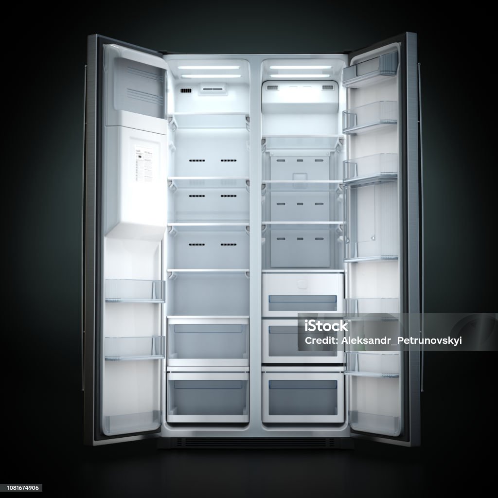 3D rendering large fridge 3d rendering big fridge on a dark background with an open door No People Stock Photo