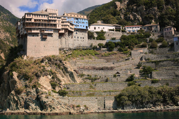 istock Athos peninsula, Greece.View from a ferry. Orthodox monasteries, mountains 1081676854