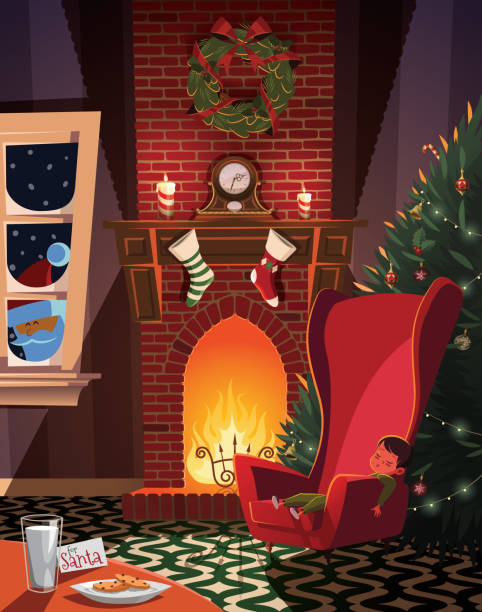 stockillustraties, clipart, cartoons en iconen met slapende kind santa wachten in kerstmis ingericht kamer - fireplace