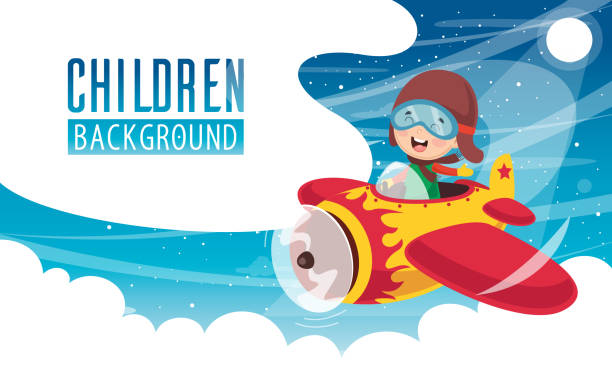 ilustrações de stock, clip art, desenhos animados e ícones de vector illustration of kid operating plane - smiling aeroplane