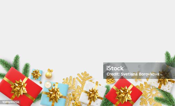White Christmas And New Year Background With Top View Color Gifts And Golden Snowflakes Stock Illustration - Download Image Now