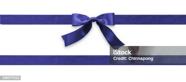 Dark Blue Bow Ribbon Band Satin Navy Stripe Fabric For Christmas Holiday Gift Box Greeting Card Banner Present Wrap Design Decoration Ornament Stock Photo - Download Image Now