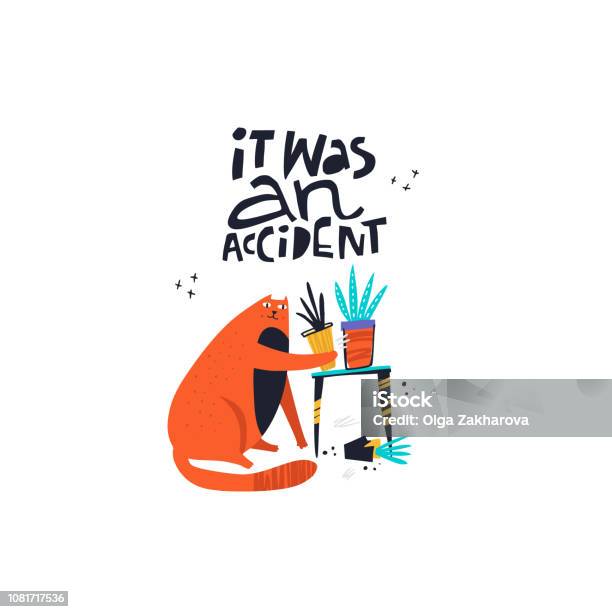 Guilty Cat Excuse Color Flat Hand Drawn Vector Character Stock Illustration - Download Image Now