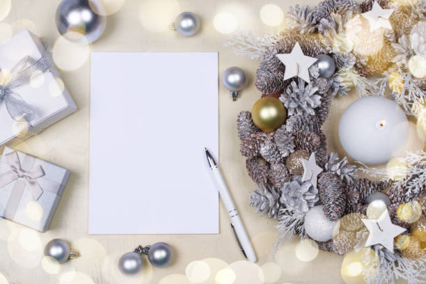 istock Christmas wreath, notebook and presents. 1081722086