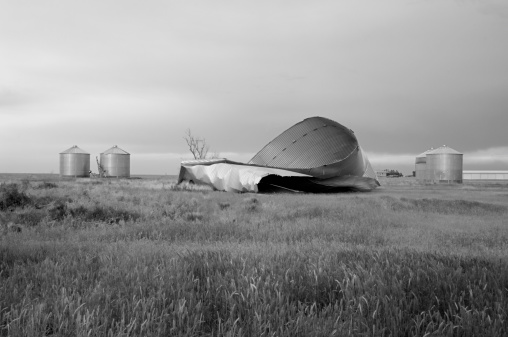 Agricultural silver silo on field