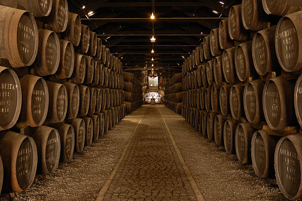 filas de barriles en una amplia bodega de vinos - winery wine cellar barrel fotografías e imágenes de stock