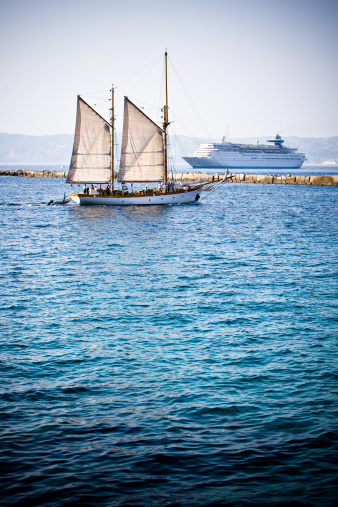A sailing ship floating in the sea, Kusadasi, Aydin