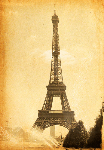 Digital watercolor painting effect of Eiffel Tower located in capital city of Paris, France with Seine River in forefront