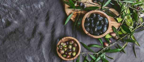 fresh olive and olives tree branches on linen tablecloth - olive oil pouring antioxidant liquid imagens e fotografias de stock