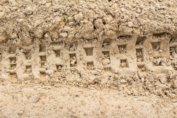 istock Tire tracks on the sand background texture 1081758004