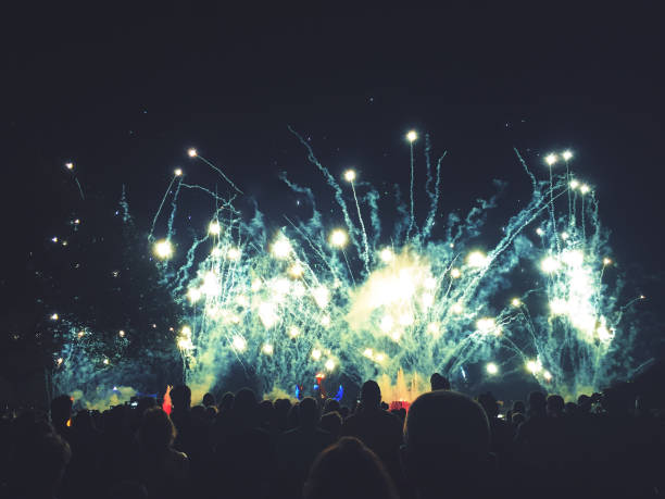 istock Crowd of Silhouetted People Watching a Bright Fireworks Display 1081758208