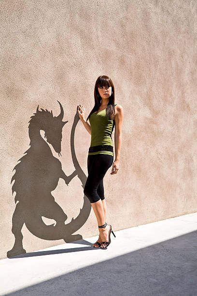 istock Young Woman Posing with Her Dragon Shaped Shadow on Wall 108176287